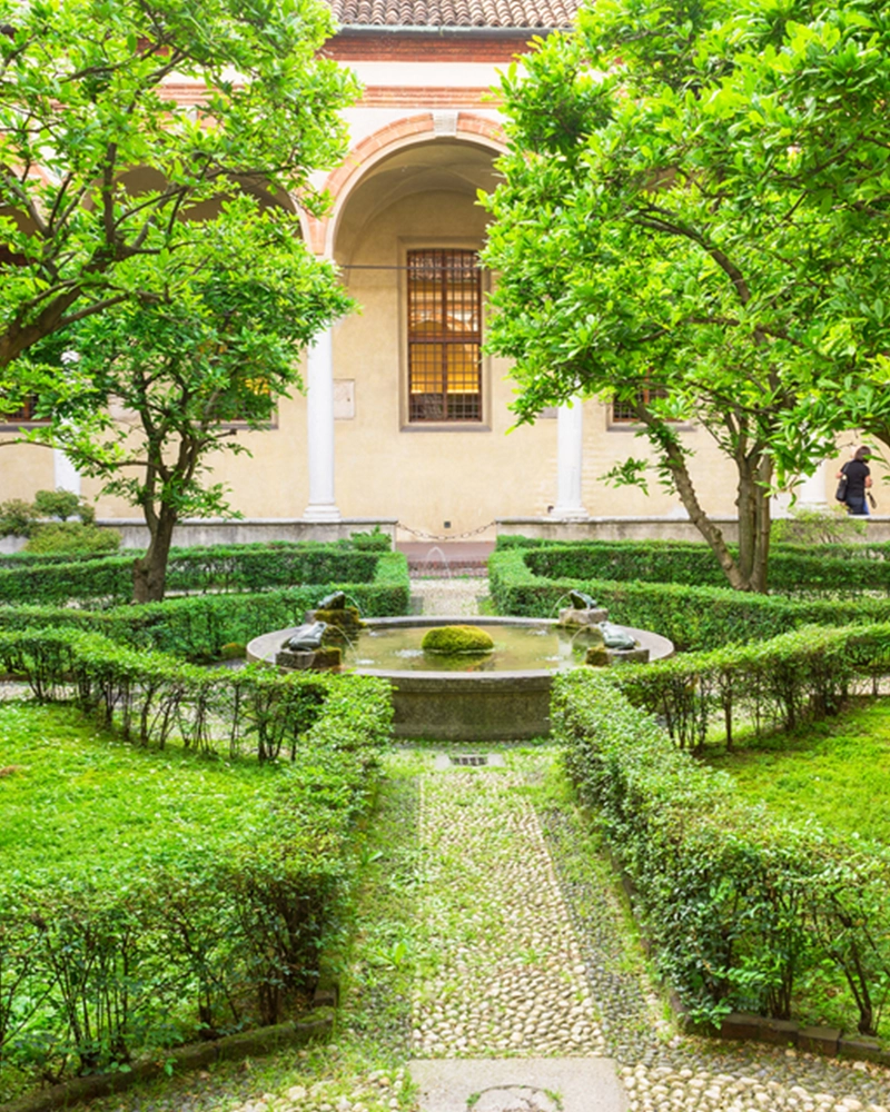 Garden inside of church Santa Maria delle Grazie, Milan. Italy